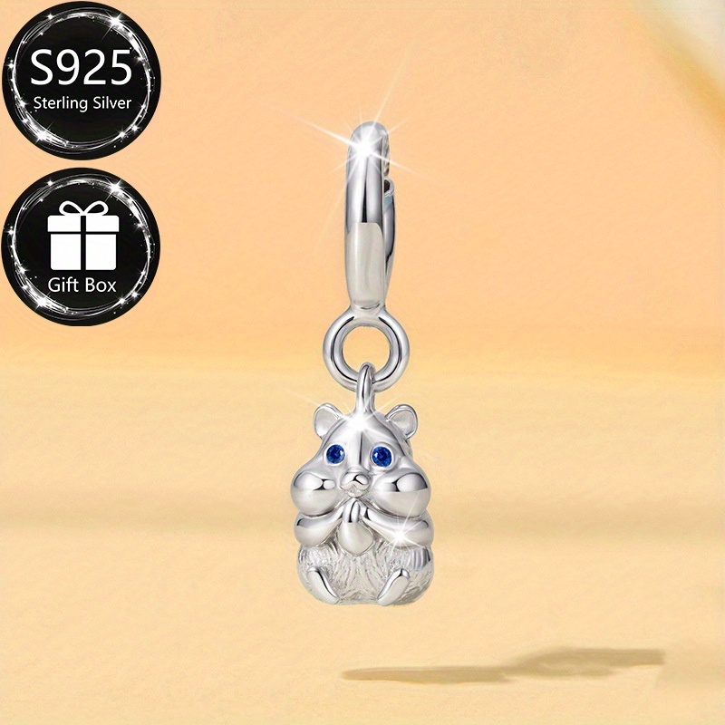 Sterling Silver Hamster Pendant with Zirconia Inlay Bead for DIY Bracelets